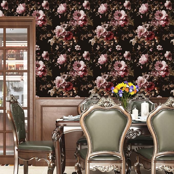 Dark Floral Brown Wallpaper Peel and Stick17.5 × 393", Black Pink | Self Adhesive/Removable/Waterproof/Thick Vinyl Contact Paper for Bathroom Bedroom Shelf Cabinet Drawer,Prepasted,Easy Peel