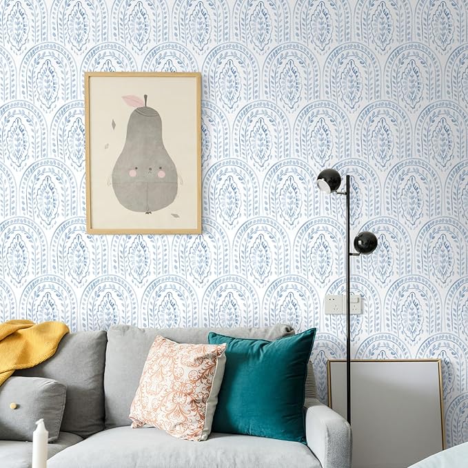 EeeComing Blue Peel and Stick Wallpaper Boho Wall Paper Peel and Stick Modern Contact Paper Self Adhesive Wallpaper for Bedroom and Bathroom Removable Cabinet Shelf Liner Vinyl 17.3”X393”