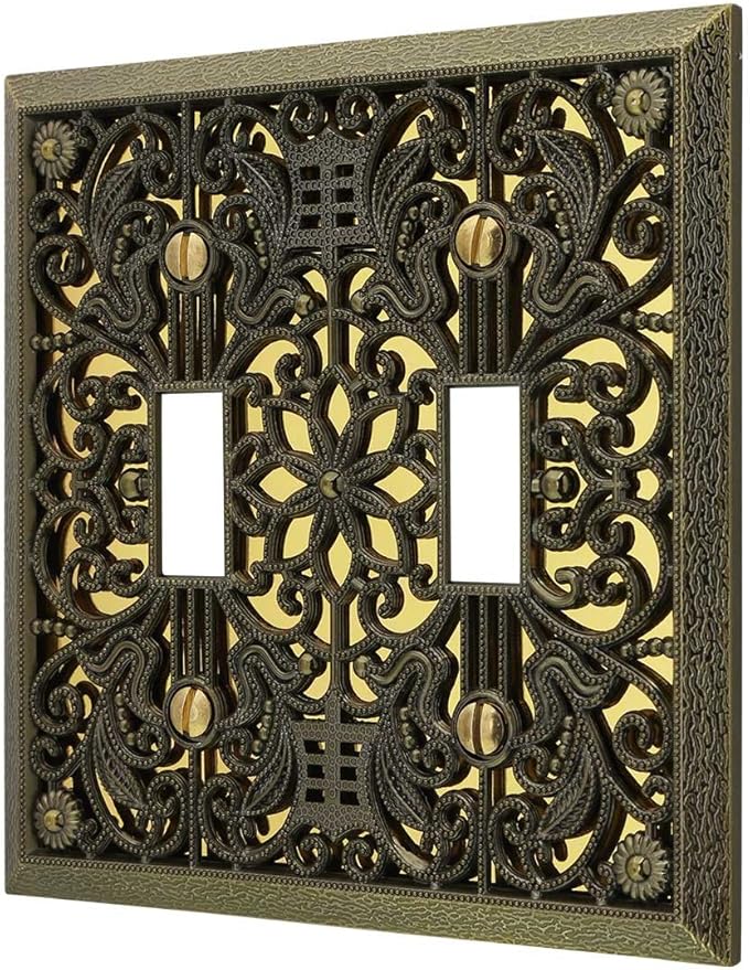 Amerelle 65TTAB Filigree Wallplate, 2 Toggle, Antique Brass