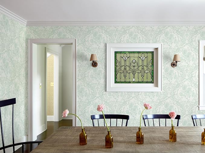 Ismoon Floral Wallpaper Peel and Stick Sage Green Contact Paper Boho Vintage Watercolor Damask Wallpaper Textured Removable Self Adhesive Vinyl Wall Paper for Bedroom, 17.3 in X 6.5 ft