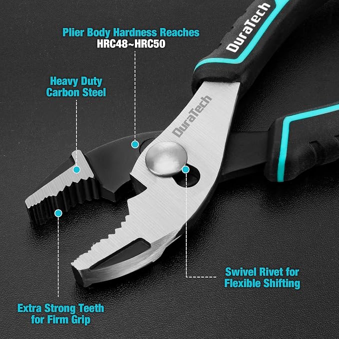 DURATECH 6 Inch Slip Joint Pliers, Small Pliers with Comfortable TPR Handle, High Carbon Steel, Swivel Rivet & DURATECH 3-Piece Compound Pliers Set, Gen 2 Dual Pivot Design for Ultra Labor-Saving