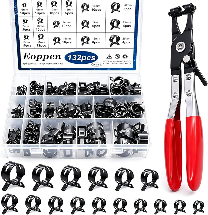 132Pcs 6-25mm Spring Hose Clamps Assortment Kit with Swivel Flat Band Fuel Hose Clamp Plier - 16 Sizes Fuel Line Silicone Vacuum Hose Low Pressure Air Clamps
