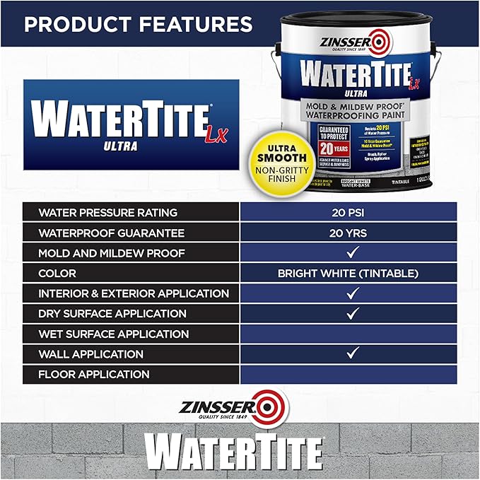 1 gal Zinsser 270267 White WaterTite-LX Mold & Mildew-Proof Waterproofing Paint
