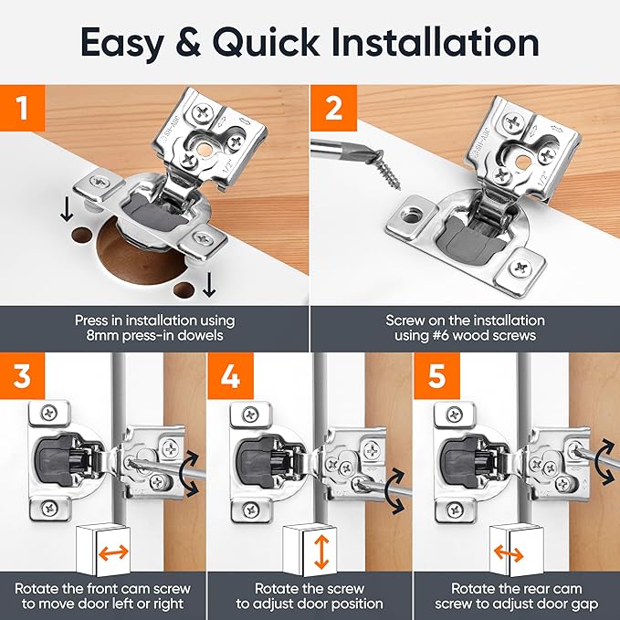 Decobasics 40 Pack Soft Close Cabinet Hinges – 5/8" Overlay for Kitchen Cabinet Doors, Face Frame Concealed Hidden Hinges – Stainless Steel, Self-Closing with 3-Way Adjustment & Slow Close Damper