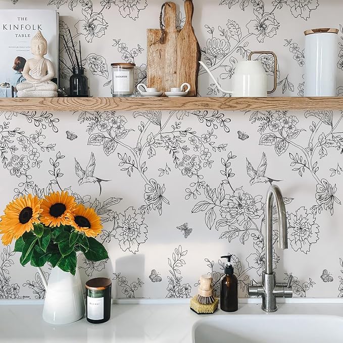 Froluya Black and Cream White Floral Wallpaper Peel and Stick Wallpaper 17.7in×590.5in Vintage Floral Contact Paper Flowers Birds Removable Self Adhesive Decorative Wall Paper for Bathroom Cabinets