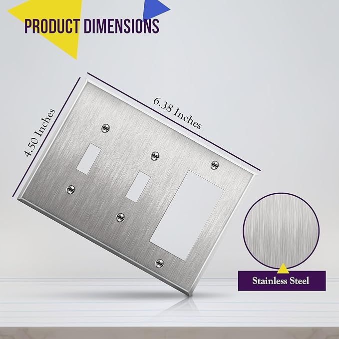 ENERLITES Combination Toggle Light Decorator Switch Metal Wall Plate, Corrosive Resistant, Size 3-Gang 4.50" x 6.38", 430 Gauge Alloy, 771231, Stainless Steel, Silver
