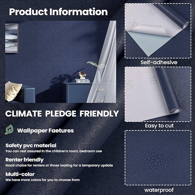 Dark Blue Peel and Stick Wallpaper Roll - Removable Waterproof Self Adhesive Contact Paper - Silk Boys Wall Covering Poster Board - Kitchen Countertop Vinyl Wrap for Bathroom Cabinet 15.7x196.8