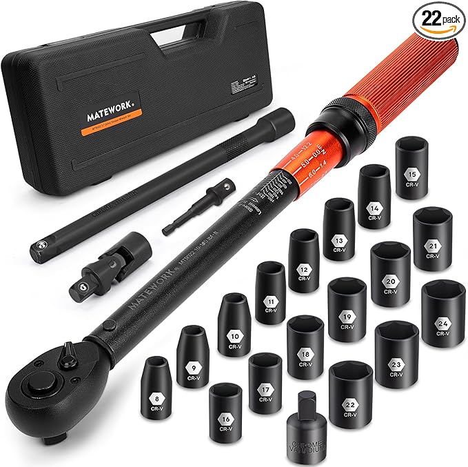 1/2-Inch Drive Torque Wrench Set 22PCS, 10-180FT.LB/13.6-244.1Nm, Click Torque Wrench Socket Set, 72-Tooth Dual-direction, ±3% Precision Adjustable Torque Wrench for Lug Nut, Bicycle, Moto, Car