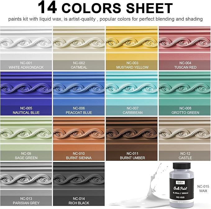 Nicpro 14 Colors Chalk Paint for Furniture, Ultra Matte Finish Acrylic Craft Paint Set (8.45 oz, 250ml) Chalk Furniture Paints with Liquid Wax, Color Wheel for Crafts, Home Decor, Beginner and Artists