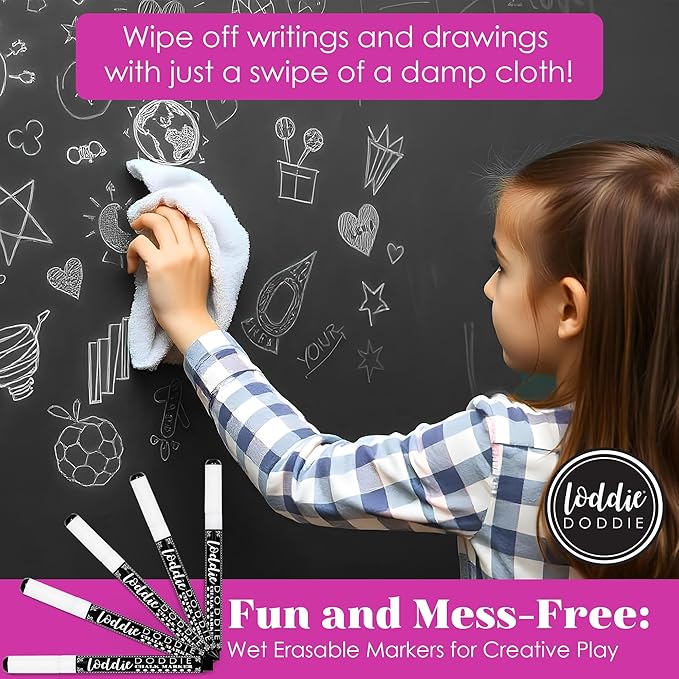 Loddie Doddie Liquid Chalk Markers - Pack of 5, 1 mm Tip, White - Fine Tip Chalk Pen for Glass Surfaces - Washable Car Window Markers - Erasable Ink for Chalkboard Calendar
