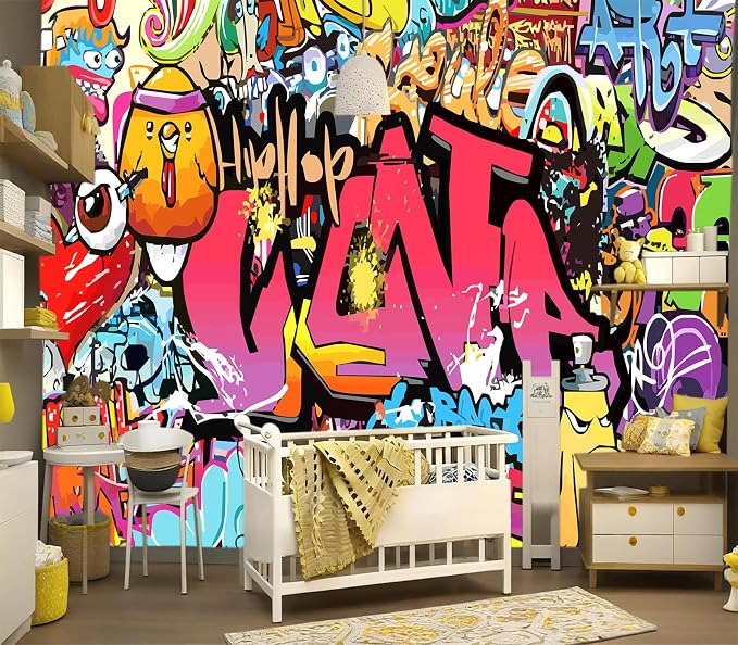 YIHWM-Peel and Stick Colorful Graffiti Wallpaper Pink Street Art wall Mural | Tear-resistant,with a substantial feel;Will not be damaged during repositioning.Boy's Room,kids room wallpaper.M-118"x85"