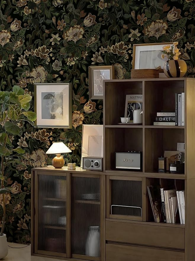 Dimoon 17.3"x393" Dark Wallpaper Peel and Stick Moody Vintage Victorian Floral Contact Paper Green Gothic Wallpaper for Bedroom Flower Leaf Yellow Renter Friendly Wall Paper Removable Vinyl Roll
