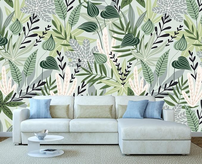 Cliouar-Watercolor Green Leaves Tropical Plants Bedroom Living Room Decoration Mural Wallpaper 103" x 69"(Not Peel and Stick)