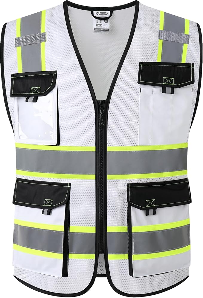 JKSafety Hi Vis Reflective Safety Vests for Men Women High Visibility Vest with Pockets Mesh Fabric Construction Safety Apparel Neon Vest for Work (220-White M)