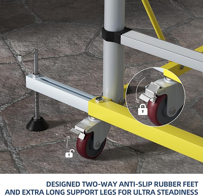 APARECIUM 10' Aluminum Scaffold Tower, Multipurpose Rolling Scaffolding Work Platform, Utility Scaffolding Tower, Adjustable Work Platform with Hatch Deck and Guard Rail, 500 Lbs Duty Rate