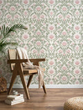 YXTII 590.5" × 17.3" Floral Wallpaper Peel and Stick Pink and Green Wallpaper Vintage Damask Wall Paper for Bedroom Bathroom Decorative Self Adhesive Contact Paper