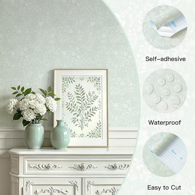 Guvana Sage Green and White Peel and Stick Wallpaper Floral Wallpaper Slef Adhesive Removable Waterproof Contact Paper Boho Wall Paper for Living Room Bathroom Bedroom Kitchen 17.3''x78.7''