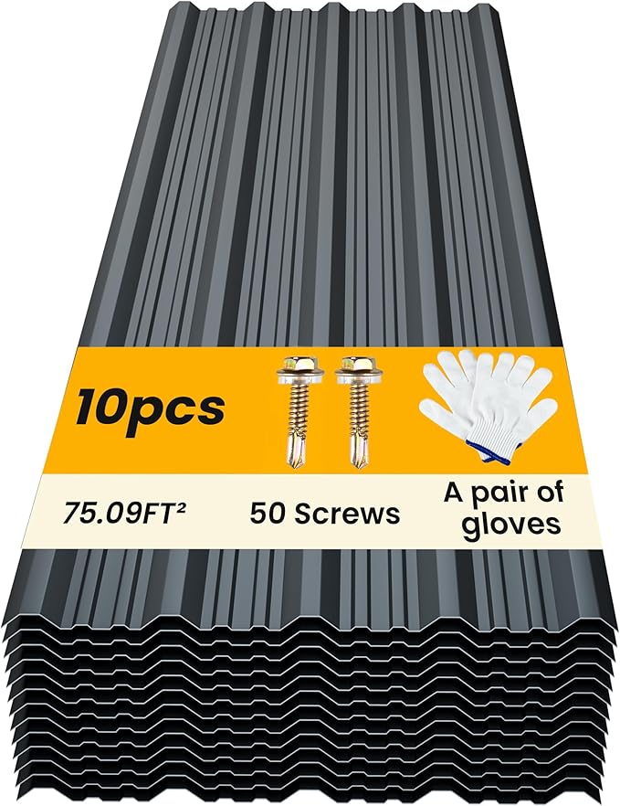 10 pcs Metal Roofing Panels - Corrugated Galvanized Roof Panels L61.02x W17.72 Inch, Waterproof Tin Roof Sheets for Garages,Sheds, Stables and Mobile Homes, Includes Screws(Grey,L61.02''-10)