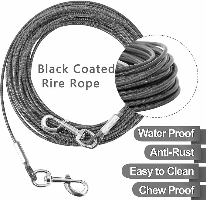 Tie Out Cable for Dogs,10/20/30/50/100FT Dog Leads for Yard Chew Proof,Heavy Duty Tie Out Cable for Large Dogs Up to 125lbs,Dog Runner Tether (Transparent Black, 125Ibs 30ft)