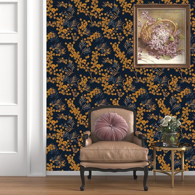 Dark Gold Floral Leaf Vintage Wallpaper Peel and Stick 17.5" × 393" | Self Adhesive/Removable/Waterproof/Thick Vinyl Contact Paper for Bathroom Bedroom Shelf Cabinet Drawer,Prepasted,Easy Peel