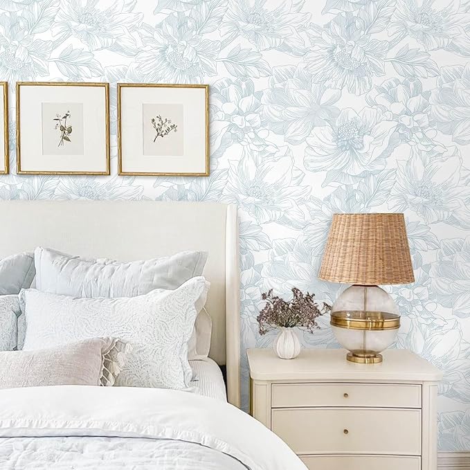 Ismoon Large Floral Peel and Stick Wallpaper Boho White and Blue Contact Paper 17.3inx6.5ft Modern Wall Paper Removable Self Adhesive Vinyl Wallpaper for Bedroom Cabinet Waterproof Mural Wall Decor
