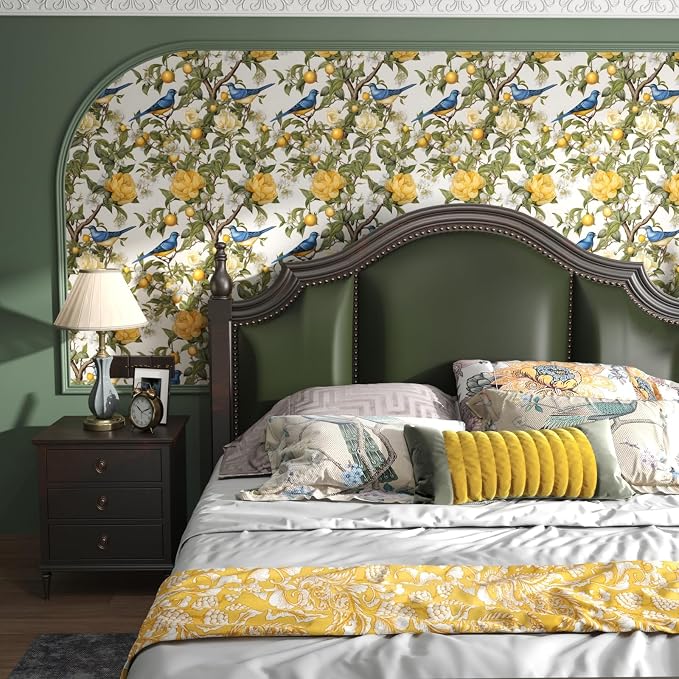 Danodoi Yellow Vintage Lemon Bird Peel and Stick Wallpaper 17.5" x 393" | Waterproof Vinyl Self Adhesive Removable Renter Friendly Floral Contact Paper