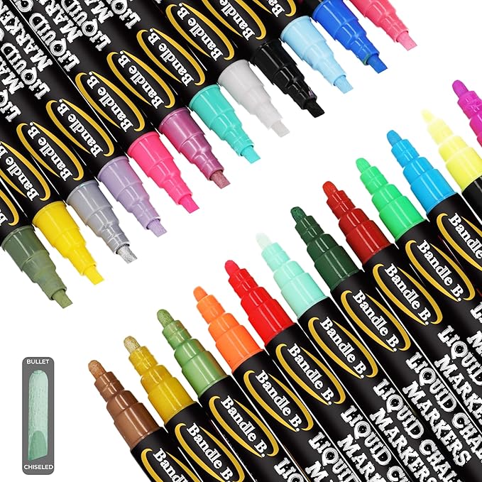 Bandle B. Chalk Markers - 24 Vibrant, Erasable, Non-Toxic, Water-Based, Reversible Tips. For Glass or Chalkboard Markers for Businesses, Restaurants, Liquid Drawing Chalk (Vibrant 6mm)