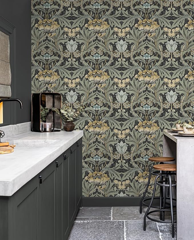 NextWall Acanthus Floral Peel and Stick Wallpaper (Charocal & Goldenrod)