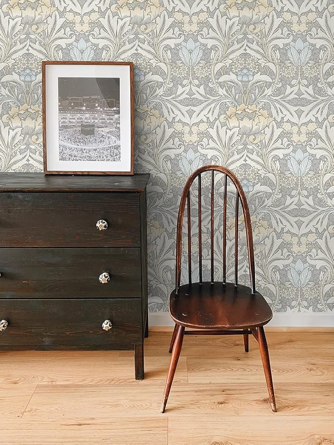 NextWall Acanthus Floral Peel and Stick Wallpaper (Daydream Grey & Pearl Blue)