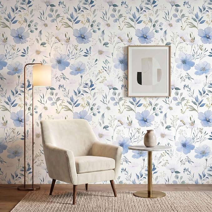 Light Blue Floral Peel and Stick Wallpaper, 17.7in x 70.8in | Self-adhesive and removable watercolor flower design for bedroom, living room, and accent wall