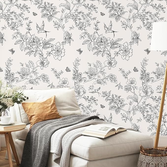 Froluya Black and Cream White Floral Wallpaper Peel and Stick Wallpaper 17.7in×118.1in Vintage Floral Contact Paper Flowers Birds Removable Self Adhesive Decorative Wall Paper for Bathroom Cabinets
