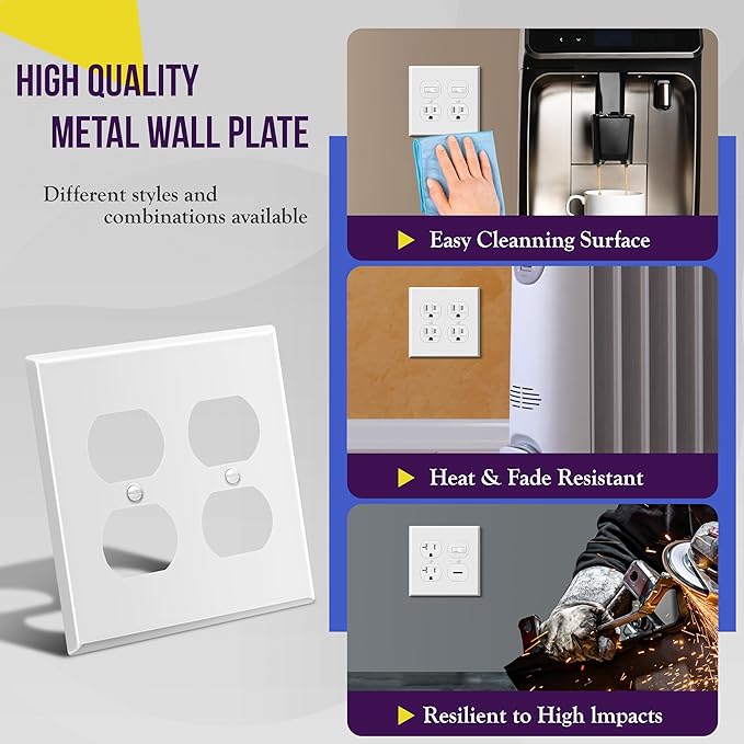ENERLITES Double Duplex Receptacle Metal Wall Plate, Corrosion Resistant, Standard Size 2-Gang 4.50" x 4.57", Powder Coated Stamped Steel, 7722-WG, White Gloss
