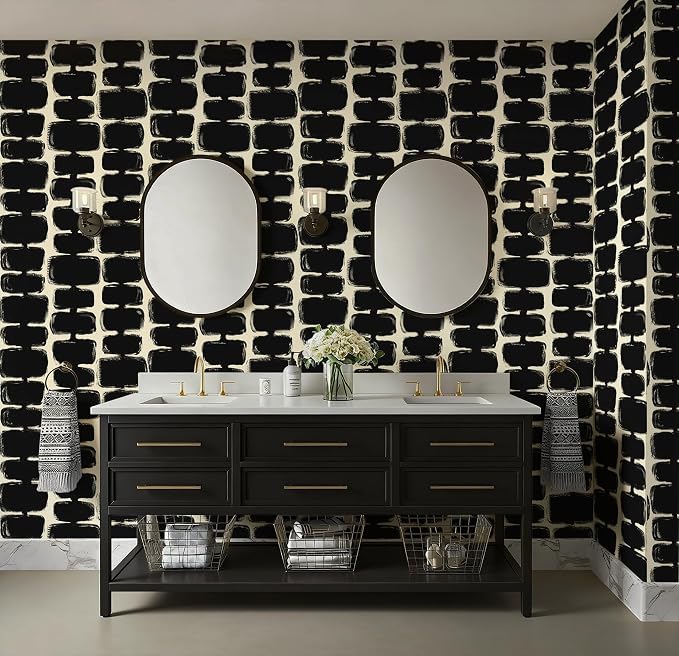 Safiyya 17.3"x393" Peel and Stick Wallpaper Black and Cream White Contact Paper Mid Century Modern Abstract Geometric Wall Paper Self Adhesive Removable Wallpaper for Bathroom and Bedroom Vinyl