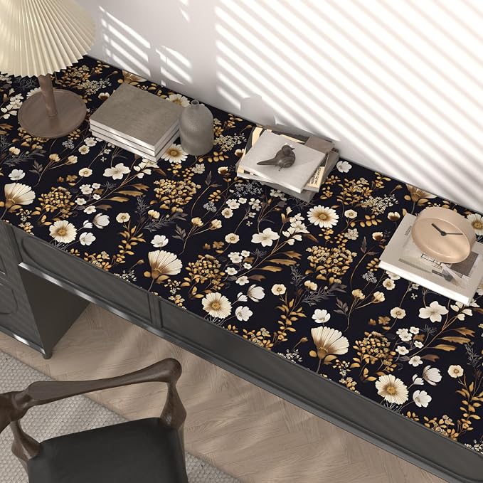 Dark Floral Gold Leaf Vintage Wallpaper Peel and Stick 17.5''x118'' | Self Adhesive/Removable/Waterproof/Thick Vinyl Contact Paper for Bathroom Bedroom Shelf Cabinet Drawer,Prepasted,Easy Peel