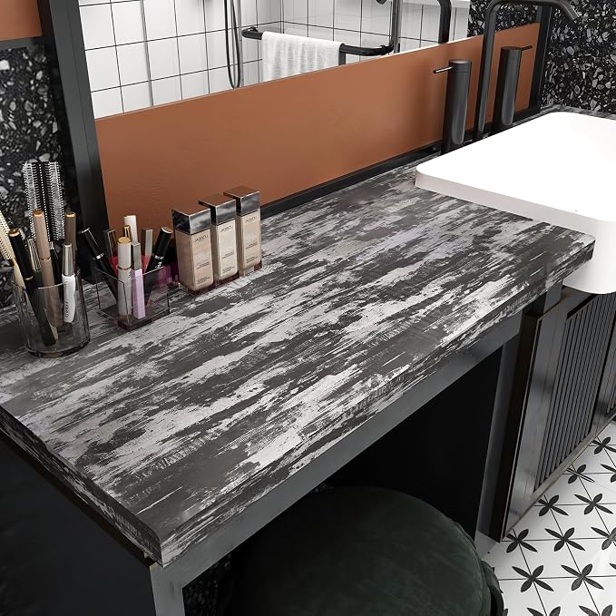 BOMENG Black Concrete Peel and Stick Industrial Wallpaper 15.7"x118" Cement Contact Paper with Air Guide Slot Design Glossy Industrial Wall Paper for Bathroom,Living Room, bar, Hotel, Coffee Shop