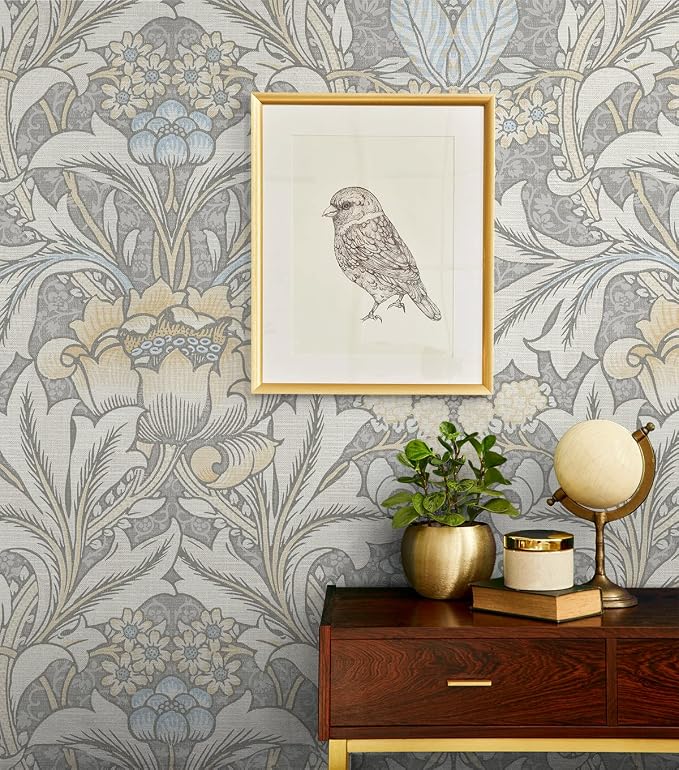 NextWall Acanthus Floral Peel and Stick Wallpaper (Daydream Grey & Pearl Blue)