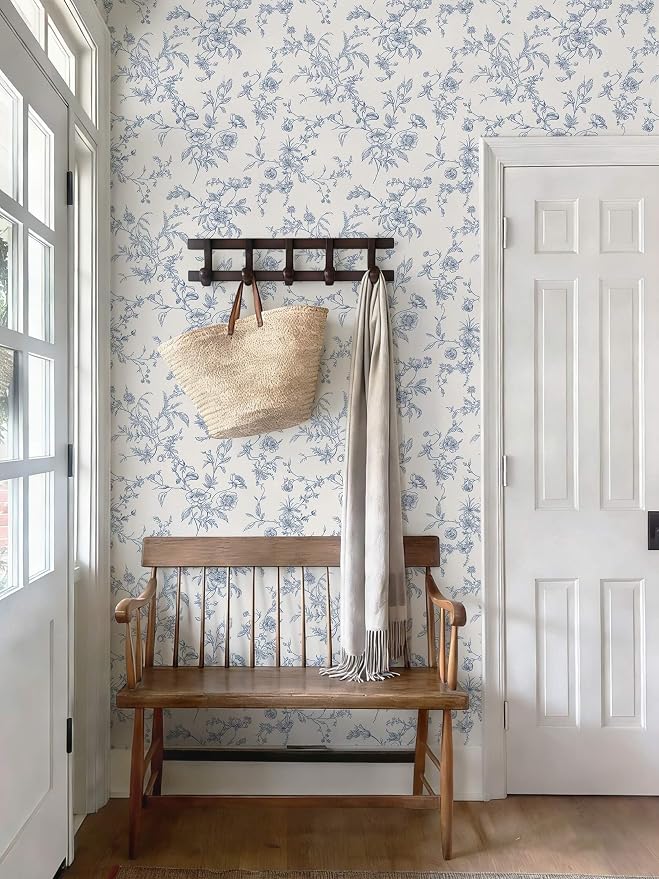 Ismoon Peel and Stick Wallpaper Floral Vintage Stick on Wall Paper Blue and White Contact Paper for Cabinet French Textured Removable Self Adhesive Wallpaper Vinyl for Bedroom Wall Deco 17.3 x 393in