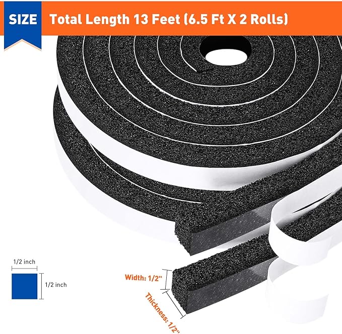 MAGZO Weather Stripping Door Seal 1/2 Inch W X 1/2 Inch T,Strong Adhesion and High Resilience Air Conditioner Foam Insulation for Doors, Total Length 13 Feet (6.5 ft x 2 Rolls)