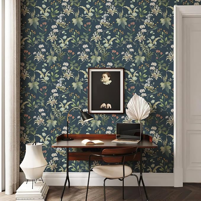 Simon&Siff Vintage Floral Peel and Stick Wallpaper 800" x 17.3" | Blue Botanical Contact Paper, Self Adhesive Removable Waterproof Wall Paper, Renter Friendly, Bedroom Cabinets DIY Decor