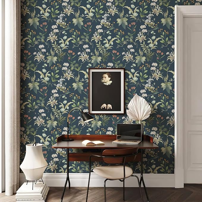 Simon&Siff Vintage Floral Peel and Stick Wallpaper 120" x 17.3" | Blue Botanical Contact Paper, Self Adhesive Removable Waterproof Wall Paper, Renter Friendly, Bedroom Cabinets DIY Decor