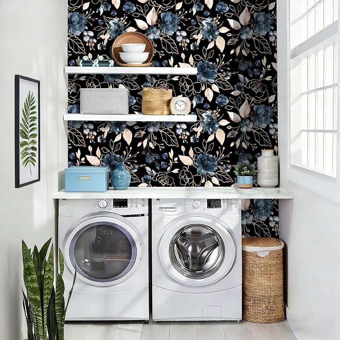 Black Gold Floral Peel and Stick Wallpaper 17.7"x78.8" | Removable thick vinyl, dark botanical design with navy blue flowers, bedroom, bathroom, renter friendly accent walls