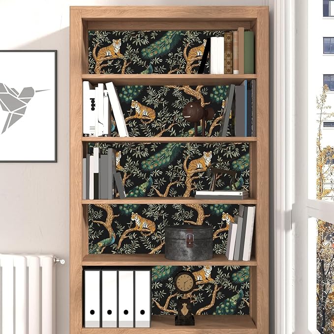 Black Vintage Peacock Tiger Peel and Stick Wallpaper 17.5" x 78" | Waterproof Vinyl Self Adhesive Removable Renter Friendly Floral Contact Paper