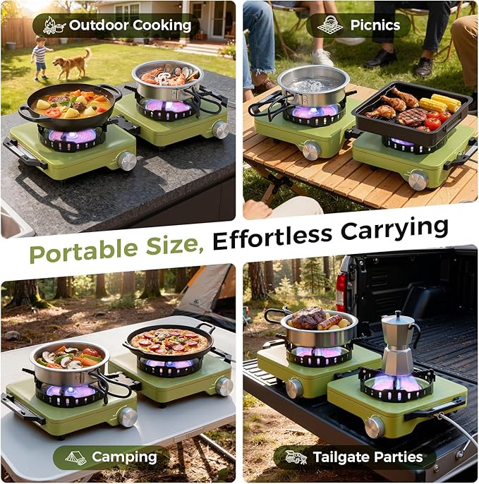 MoKo Propane Camping Stove 2 Burner, 36,000 BTU Infrared & Open Flame Hybrid, Windproof Folding Portable Outdoor Gas Cooking Kit with Frying Pan & Carry Bag For RV, Tailgating, Survival, Green