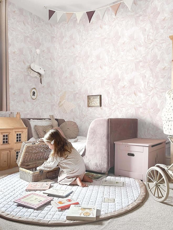 393"x17.3" Peel and Stick Wallpaper Pink Floral Boho Cute Contact Paper Pink Girly White Flower Wallpaper Removable Dorm Girls Wall Paper Self Adhesive Modern Kitchen Bedroom Vinyl Roll