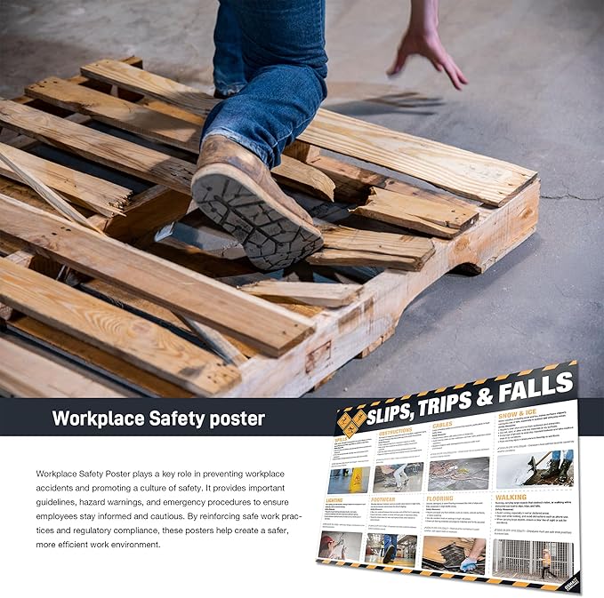 Slips, Trips and Falls Safety Poster – Workplace Fall Prevention Sign, OSHA-Compliant Visual Guide for Spills, Cables, Obstructions, 18x24" Waterproof & Tearproof Wall Chart