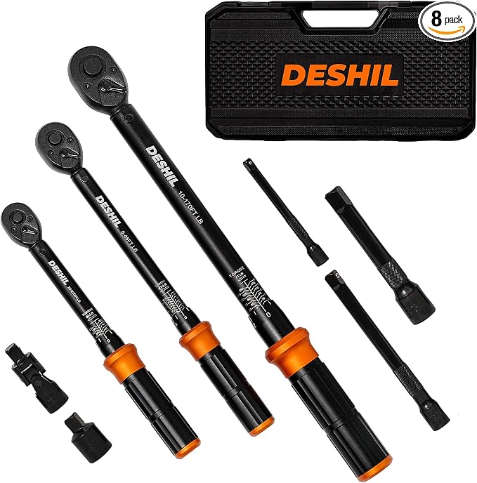 8Pcs Torque Wrench Set, 1/4 3/8 1/2-inch Drive Click Torque Wrench | 20–220 in-lb, 5–45 ft-lb and 10–170 ft-lb with Adapters for Bike, Motorcycle, Car and Truck Maintenance.