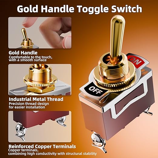 DaierTek Toggle Switch 12V with Gold Handle SPST 12 Volt 30A Heavy Duty On/Off DC Automotive Industrial Car Rocker Toggle Switch