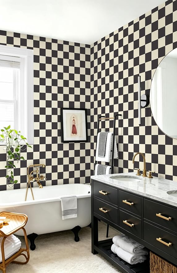 Yasinet Checkered Wallpaper Black and White Cream Peel and Stick Wallpaper Plaid Retro Contact Paper Bedroom Removable Self Adhesive Wall Paper Waterproof Bathroom Vinyl 17.3" × 393.7“