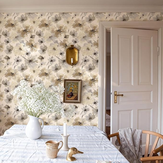 JiffDiff Beige Flower Watercolor Flower Peel and Stick Wallpaper, Honey Wheat Yellow, 17.3x393.7 inch, 48.5 sq ft, Straight Match