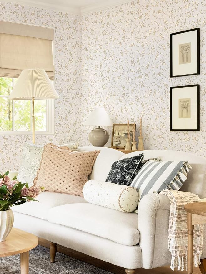 Ismoon Floral Wallpaper Peel and Stick Beige Neutral Contact Paper Wildflowers Leaf Stick on Wall Paper Textured Removable Self Adhesive Vinyl Wallpaper for Bedroom Bahtroom Wall Decor 17.3x78.7in